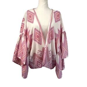 Anthropologie Jacinda Cropped Cardigan Flowy Wide Sleeves Pink White Kimono